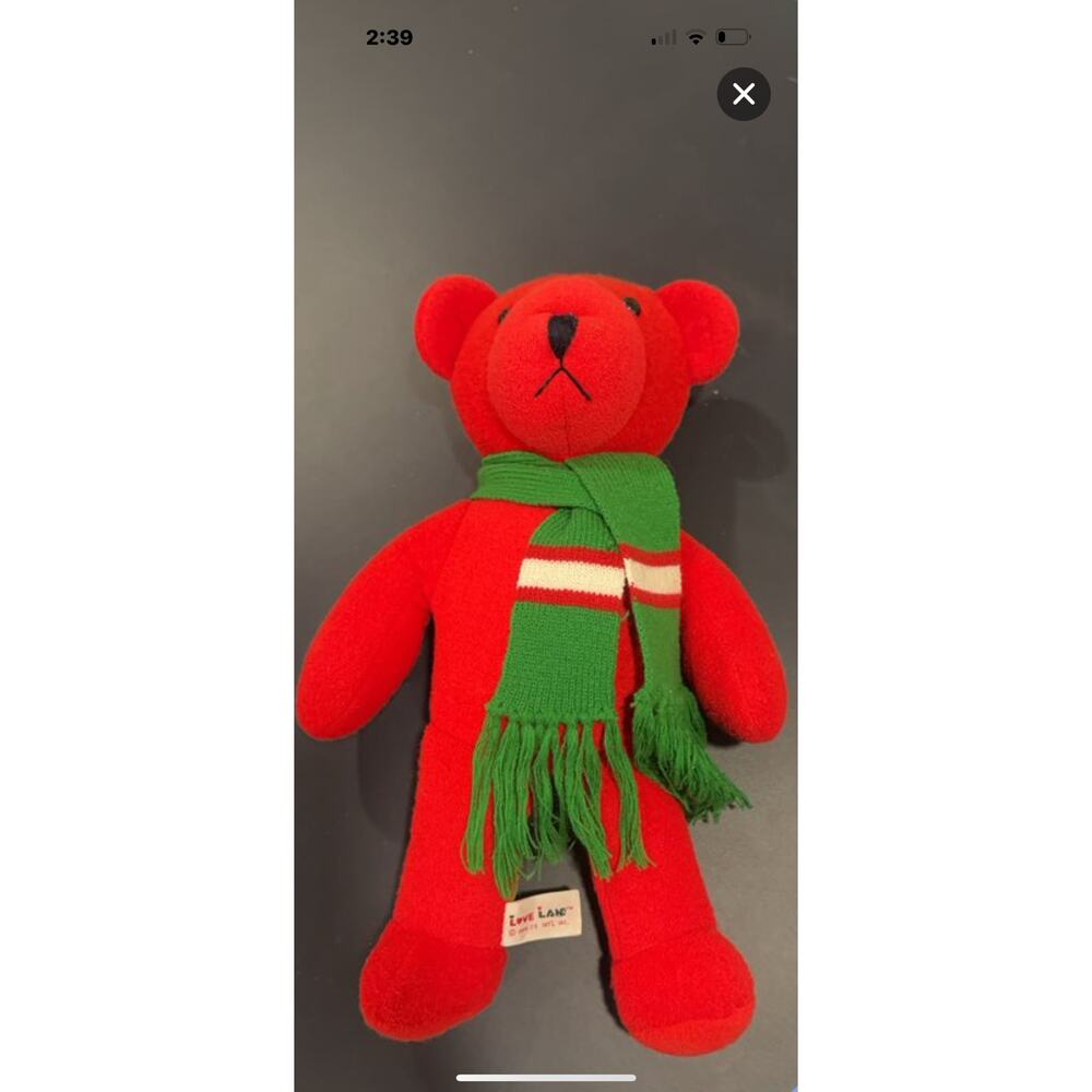 Vintage 1996 Love Land Red Teddy Bear with Green Scarf